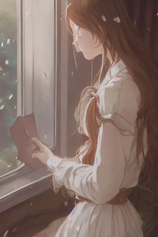 Image similar to a girl in a maid's outfit in the bedroom typing front the notebook a night, raining outside the window, wavy white long hair, by krenz cushart and mucha and akihito yoshida and makoto shinkai and greg rutkowski, 4 k resolution