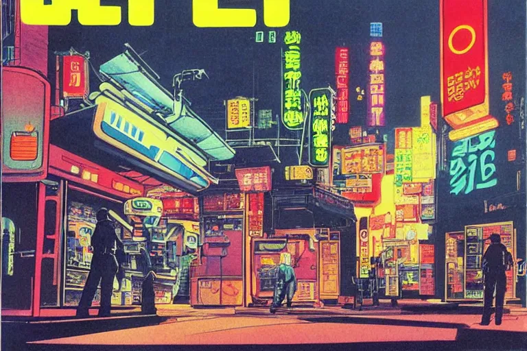 Prompt: 1979 OMNI Magazine Cover of a police stopping a downtown convenience store robbery in neo-Tokyo in cyberpunk style by Vincent Di Fate