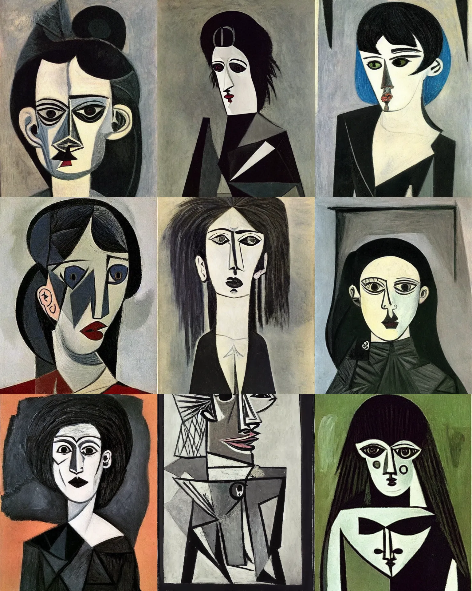 Prompt: A goth portrait by Pablo Picasso. She has large evil eyes with entirely-black sclerae!!!!!! Her hair is dark brown and cut into a short, messy pixie cut. She has a slightly rounded face, with a pointed chin, and a small nose. She is wearing a black leather jacket, a black knee-length skirt, a black choker, and black leather boots.