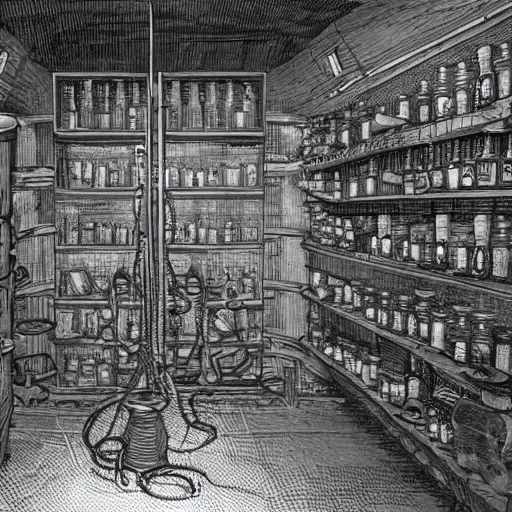 Image similar to real photo of lovecraftian secret cellar with aliens in jars and operating table