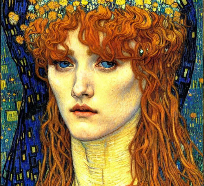 Image similar to detailed realistic beautiful young medieval queen face portrait by jean delville, gustav klimt and vincent van gogh, art nouveau, symbolist, visionary, gothic, pre - raphaelite, muted earthy colors, desaturated