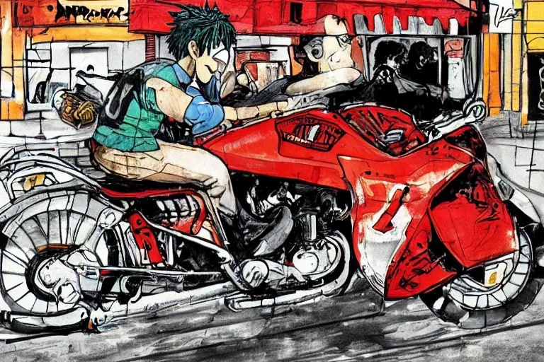 Image similar to italian pizza, akira's motorcycle, gorillaz, advertisement, kid drawn