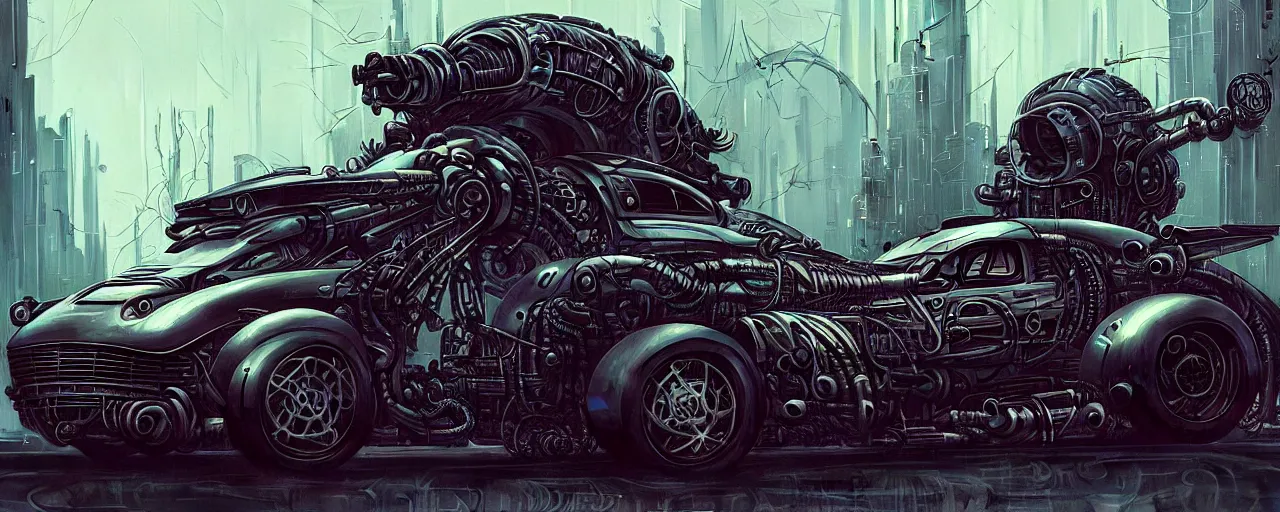 Image similar to shiny cyberpunk vehicle reminiscent of fast car with robotic enhancements parked in ancient mystic woods, gothic and baroque, brutalist architecture, ultradetailed, creepy ambiance, fog, artgerm, giger, Intricate by Ellen Jewett and Josan Gonzalez and Giuseppe Arcimboldo