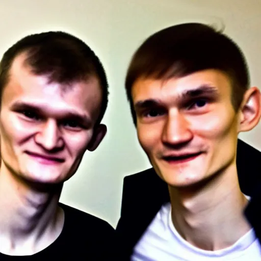 Prompt: picture of vitalik buterin and satoshi nakamoto in front of a computer