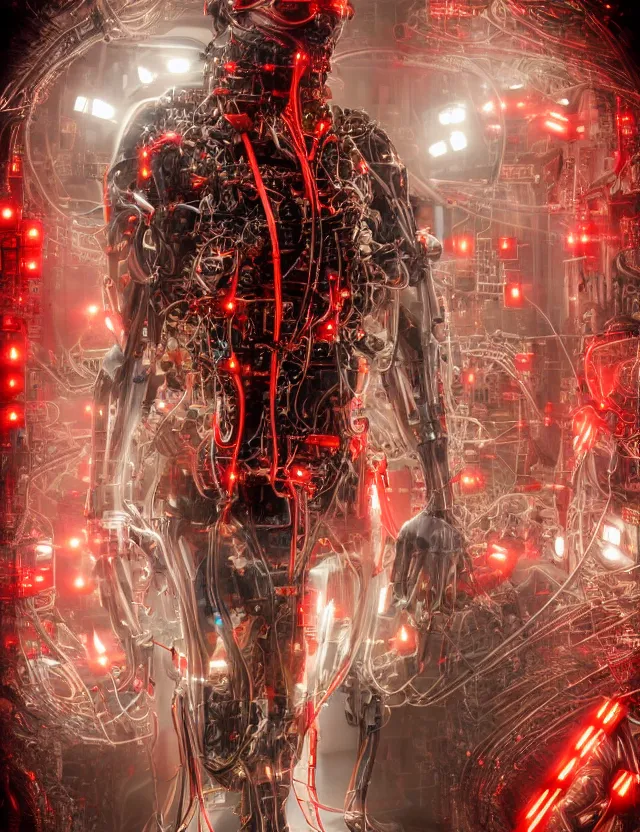 Image similar to cyborg in the data center, wired to the equipmen, red biomechanical details, wearing epic bionic cyborg implants, inflateble shapes, masterpiece, intricate, biopunk, highly detailed, artstation, concept art, cottage core, cinematic focus, polaroid photo, bleached, vintage, high - key lighting, soft lights, foggy, by tarkovsky, 8 k