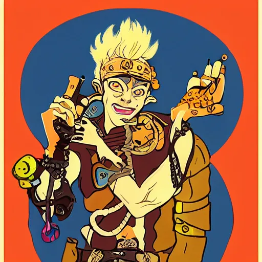 Image similar to junkrat from overwatch in the style of a 1 9 6 0 s art nouveau poster