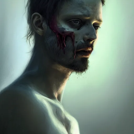 Prompt: color head portrait of the singer brett anderson, 7 days to die zombie, gritty background, fine art, award winning, intricate, elegant, sharp focus, cinematic lighting, digital painting, 8 k concept art, art by michael hussar, art by brom, art by guweiz and z. w. gu, 8 k