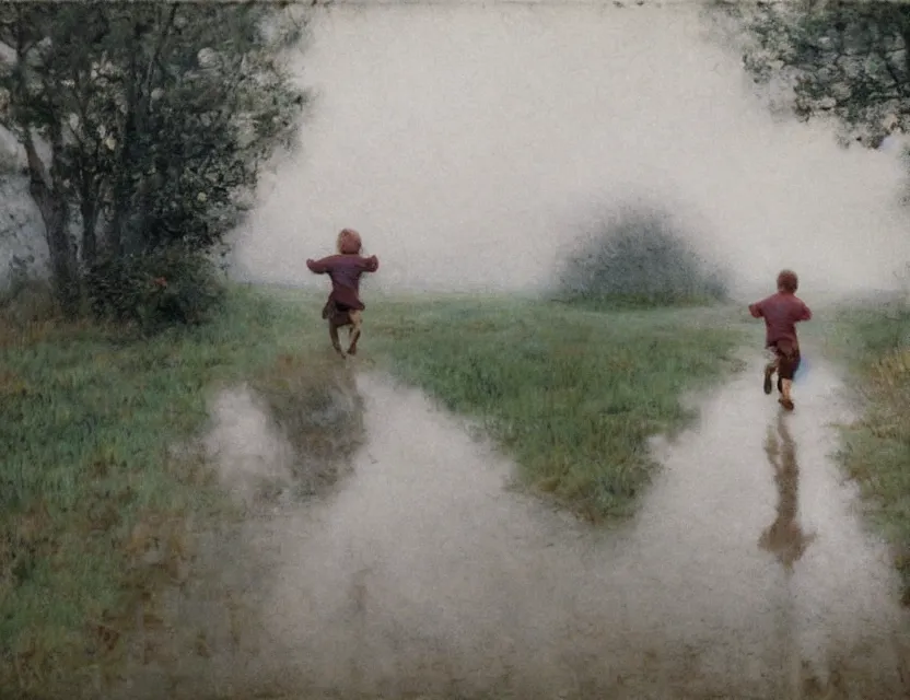 Image similar to peasant boy running under the rain, cottage core, cinematic focus, polaroid photo bleached vintage pastel colors high - key lighting, soft lights, foggy, by steve hanks, by lisa yuskavage, by serov valentin, by tarkovsky, 8 k render, detailed, oil on canvas