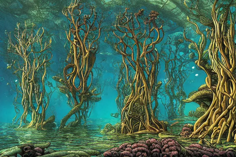 Prompt: Fantastical underwater forest by Moebius
