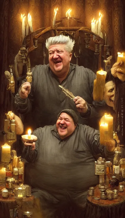 Image similar to david lynch as fat drunk tavern owner, laughing, candles, fame of thrones, warhammer, fibonacci, sweat drops, intricate fashion clothing, insane, intricate, highly detailed, surrealistic, digital painting, artstation, concept art, smooth, sharp focus, illustration, unreal engine 5, 8 k, art by artgerm and greg rutkowski and alphonse mucha