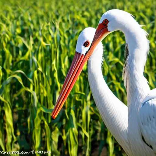 Prompt: a cool looking stork with sunglasses and a hat is walking in a corn field, 5 0 mm f 5. 6, award winning photograph