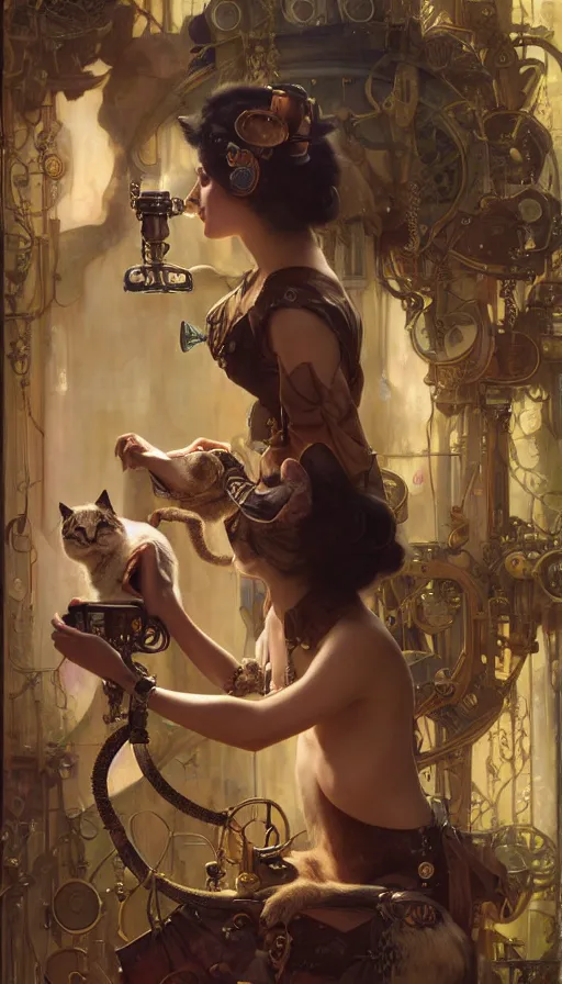 Image similar to hyper realistic photographer taking a picture of a cat, magical, steampunk, painted by tom bagshaw, mucha, gaston bussiere, craig mullins, j. c. leyendecker 8 k