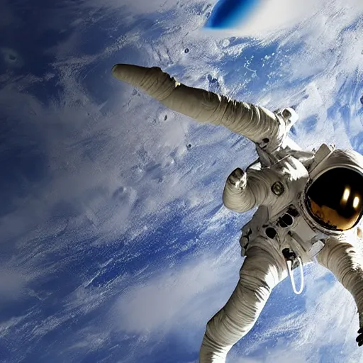 Image similar to an astronaut with a cracked helmet drifting away from the ship with a damaged earth in the background