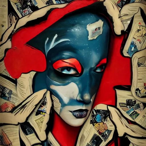 Image similar to a painting of a woman's face with torn-up superhero comics on her face, a surrealist painting, behance contest winner, pop surrealism, surrealist, detailed painting, poster art