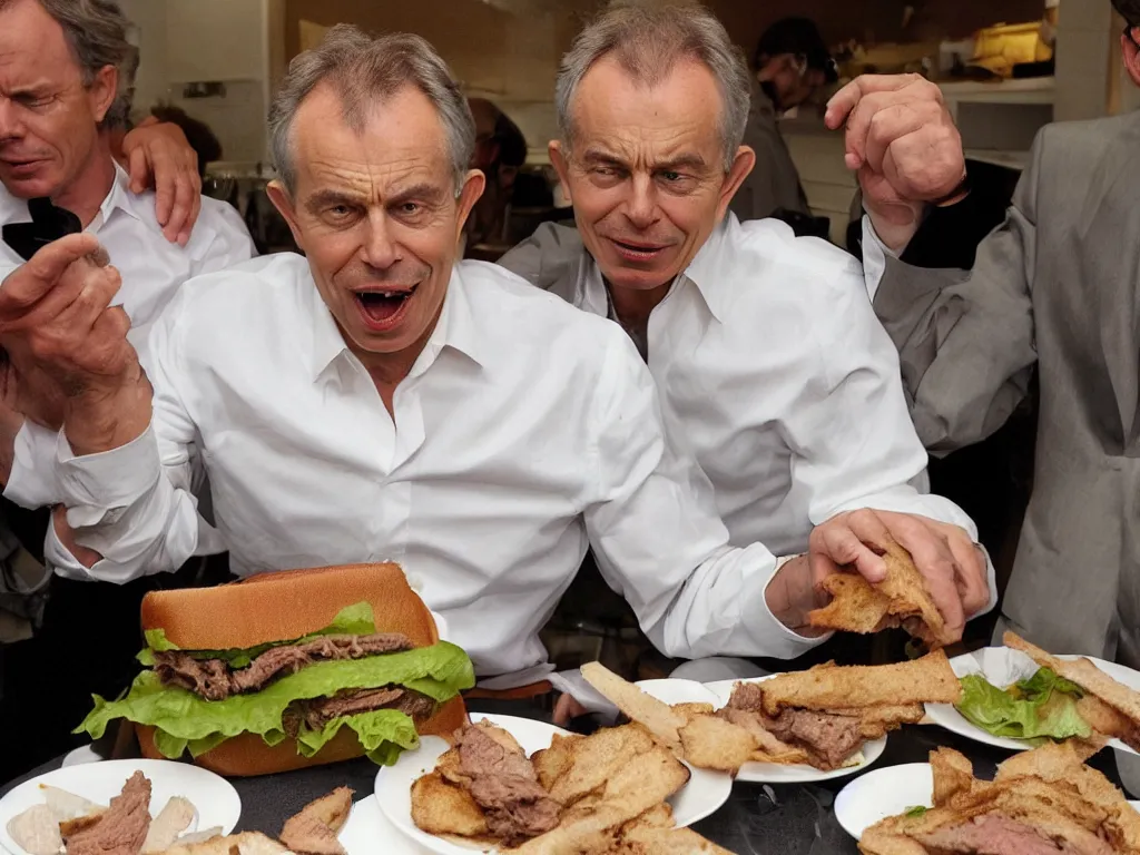 Prompt: a man whose head has been expanded into the shape of an anvil, eats a beef sandwich. he is gagged and trussed like a turkey. he is tony blair