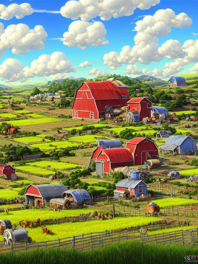 Prompt: wide view of a farm ,nice clouds, godray, fantasy, intricate, richly detailed colored 3D illustration of a beautiful ornated happy farm with background with completely rendered reflections, art by Range Murata and Artgerm highly detailed, digital painting, trending on artstation, sharp focus, D&D, illustration, style of Stanley Artgerm, perfect smile vogue, awards, model,