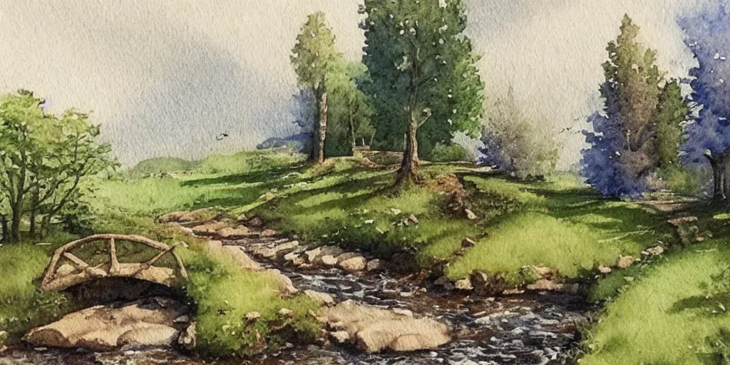 Prompt: medieval path in the countryside, crossing a small river with a small bridge, exquisite masterpiece watercolor painting, trending on artstation