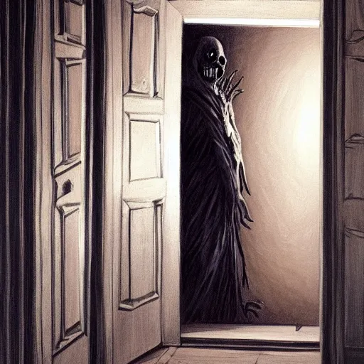Prompt: scary painting of the spooky horrific tall man exiting from a wardrobe, moonlight, bedroom, horror, mystery, spooky, paranormal monster, photorealism, dramatic lighting, by wayne barlowe, children's book, illustration, trending on artstation