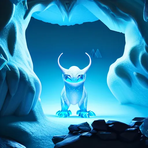 Image similar to ( ice pokemon ) creature creature in a alaska cave, bioluminescent bioluminescent translucent translucent : : by michal karcz, daniel merriam, victo ngai and guillermo del toro : : ornate, dynamic, particulate, intricate, elegant, highly detailed, centered, artstation, smooth, sharp focus, octane render, 3 d