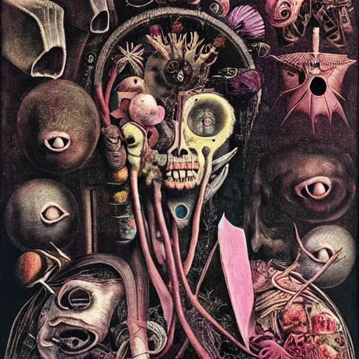 Image similar to post - punk new age album cover, magic, apocalypse, psychedelic, psychonaut, black white pink, magic, giger h. r., giuseppe arcimboldo