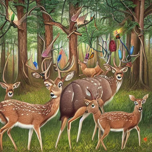 Image similar to three deers having a cool birthday party, photorealistic, highly detailed