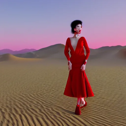 Prompt: innovative avant-garde art, deco fashion, asian women, wearing red, highly detailed, photorealistic portrait, serene desert setting, golden hour, crisp quality and light reflections, unreal engine 5 quality render