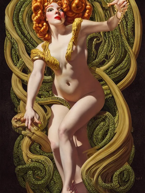 Prompt: Sidney Sweeney as the Medusa Gorgon, a beautiful art nouveau portrait by Gil elvgren, Greek temple environment, centered composition, defined features, golden ratio, gold jewlery, photorealistic professionals lighting, cinematic, sheer