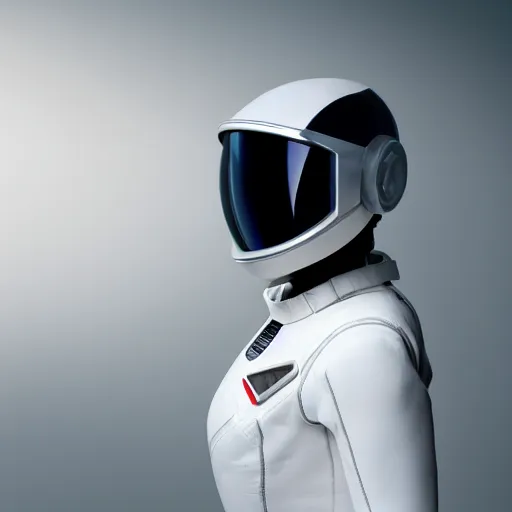 Image similar to full body portrait of a woman in a sleek space suit, futuristic helmet, science fiction, 8k