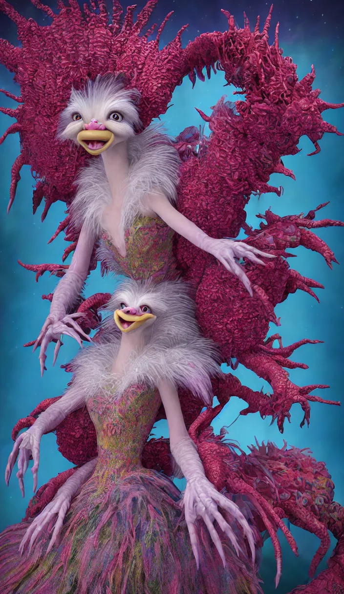 Image similar to hyper detailed 3d render like a Oil painting - kawaii portrait Aurora (a beautiful skeksis muppet queen from dark crystal that looks like Anya Taylor-Joy from the neck up) seen red carpet photoshoot in UVIVF posing in scaly dress to Eat of the Strangling network of yellowcake aerochrome and milky Fruit and His delicate Hands hold of gossamer polyp blossoms bring iridescent fungal flowers whose spores black the foolish stars by Jacek Yerka, Ilya Kuvshinov, Mariusz Lewandowski, Houdini algorithmic generative render, Abstract brush strokes, Masterpiece, Edward Hopper and James Gilleard, Zdzislaw Beksinski, Mark Ryden, Wolfgang Lettl, hints of Yayoi Kasuma, octane render, 8k