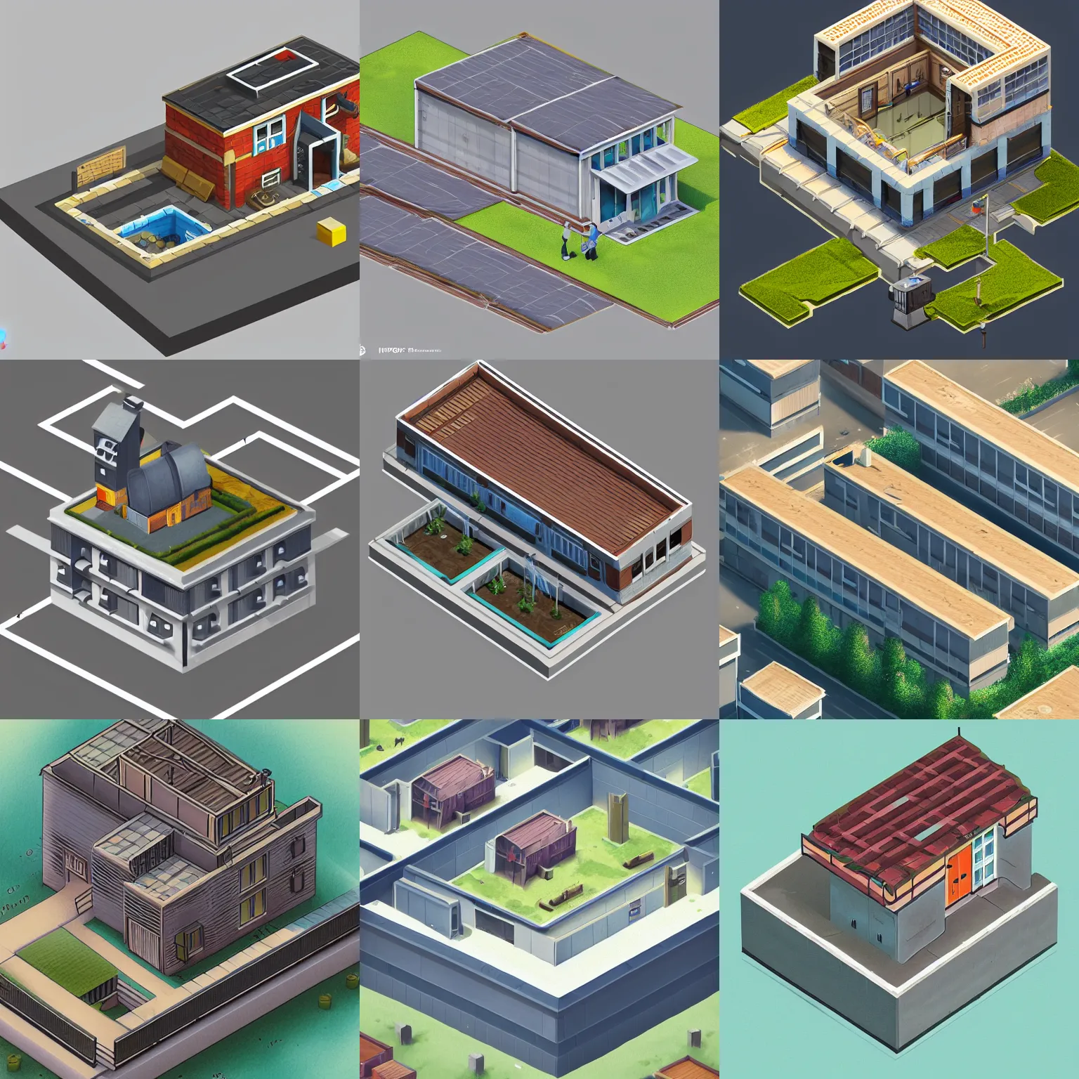 Prompt: isometric house, industrial flat roof building, concept art, by senior environment artist, featured on polycount, romanesque, 2d game art, isometric, artstation