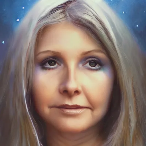 Image similar to An enchanting portrait of Olivia Newton John, evening, detailed matte painting, cinematic, Alan Lee, Artstation