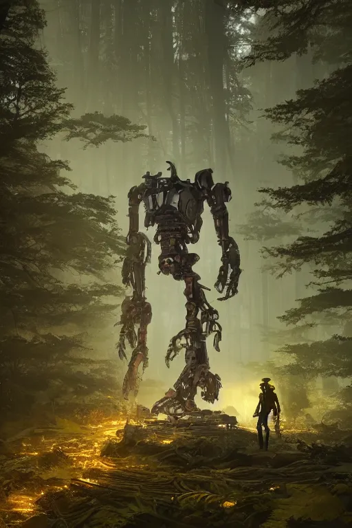 Image similar to A small character standing before a giant mechanical robpt in the forest by Greg Rutkowski, Sung Choi, Mitchell Mohrhauser, Maciej Kuciara, Johnson Ting, Maxim Verehin, Peter Konig, final fantasy , 8k photorealistic, cinematic lighting, HD, high details, atmospheric,