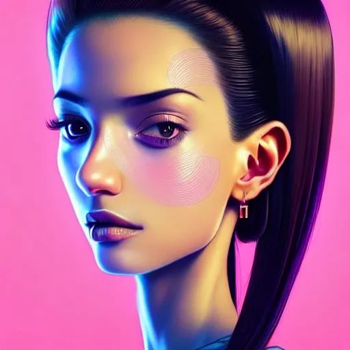 Image similar to a beautiful skinny latina wearing fashionable dress with head tilted back, focus close on eyes realistic skin texture, eighties holographic art by ilya kuvshinov lois van baarle ross tran range murata artgerm katsuhiro otomo norman rockwell, highly detailed intricately sharp focus, bedroom eyes trending on pinterest vogue italia unreal engine 5, 4 k uhd image