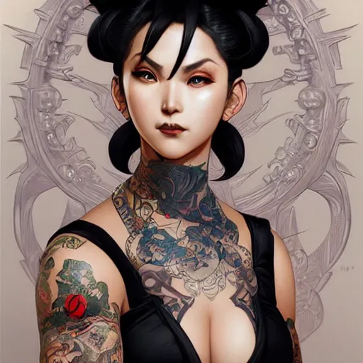 Image similar to portrait of goth Chun Li with yakuza tattoos, Street fighter, intricate, elegant, highly detailed, digital painting, artstation, concept art, smooth, sharp focus, illustration, art by artgerm and greg rutkowski and alphonse mucha