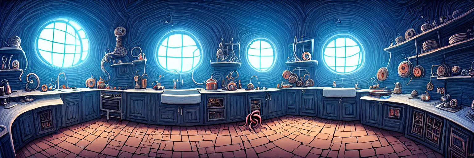 Prompt: dark tenebroso, fisheye spiral lines, naive, extra narrow, detailed illustration of a kitchen, large floor, octopus shaped by rhads from lorax movie, trending artstation, dark blue underwater