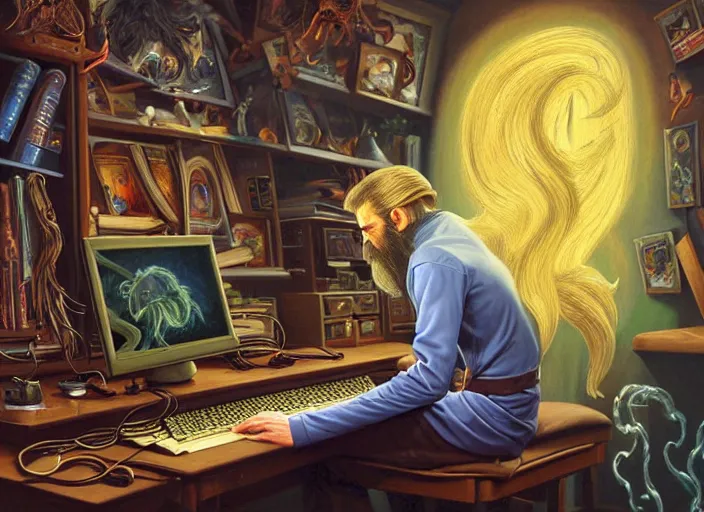 Prompt: classic oil painting, side view of a fantasy wizard using a pc, gaming, retro 6 0 s computer, sitting inside a cluttered storage room, hair, cottagecore, long wavy beard, keyboard, extremely detailed, digital illustration, concept art, readability, smooth, sharp focus, art by alex grey, art by brothers hildebrandt