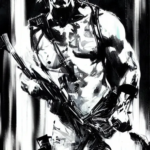 Prompt: an illustration of Stallone as Rambo by Yoji Shinkawa