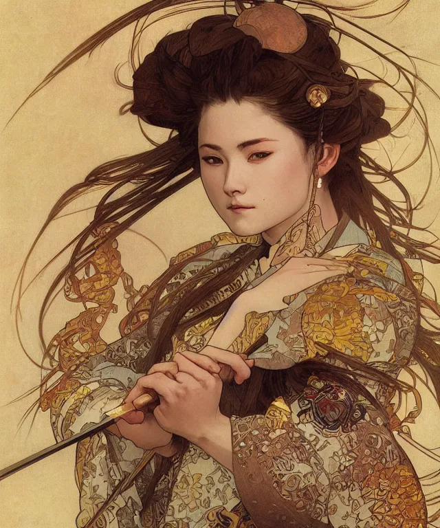 Image similar to realistic hyper detailed portrait of a samurai warrior by Alphonse Mucha and Charlie Bowater and art germ, rule of thirds, golden ratio, portrait style with the subject in the middle of the frame