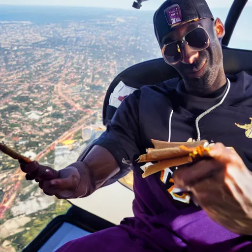 Image similar to selfie of kobe bryant holding a smokie joint in a helicopter, smoke around him, 8k resolution, hyper detailed, shot in the air