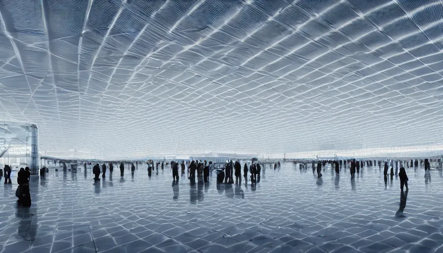 Image similar to shanghai pudong international airport interior, a huge white space with thin white columns evenly spaced and a corrugated roof that undulates slightly, silence, lightness, light, shadows, reflections, epic composition, intricate, elegant, volumetric lighting, digital painting, highly detailed, artstation, sharp focus, illustration, concept art, ruan jia, steve mccurry