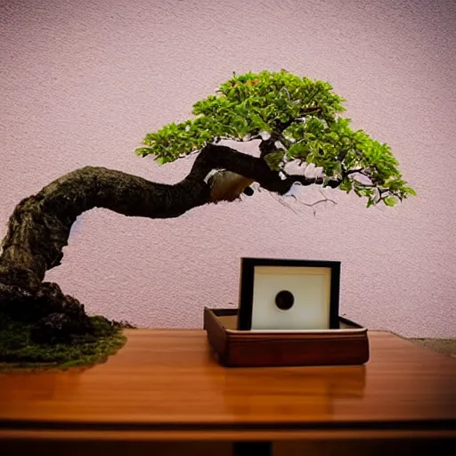 Prompt: a sakura bonsai tree on a desk in a living room, beautiful, high detail, cinematic, instagram,