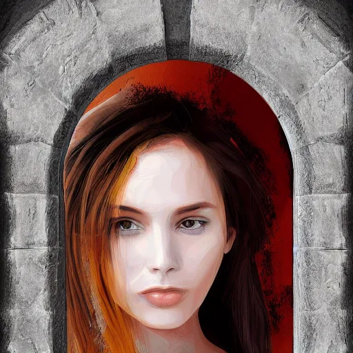 Image similar to painting of a beautiful woman's face, doorway to another world in the middle of her forehead, digital art