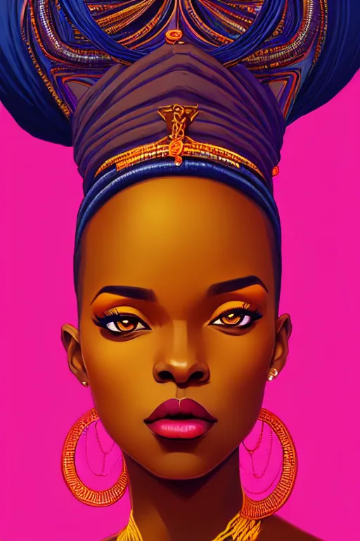 Prompt: a portrait of a young african beautiful and vibrant queen, confident pose, intricate, elegant, sharp focus, illustration, highly detailed, concept art, matte, trending on artstation, anime, art by ilya kuvshinov