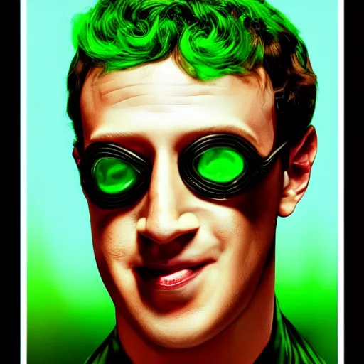 Image similar to Mark Zuckerberg as The Riddler in Joel Schumacher\'s Batman Forever, cinematic movie poster, headshot, highly detailed, 35mm print, artstation, concept art, sharp focus