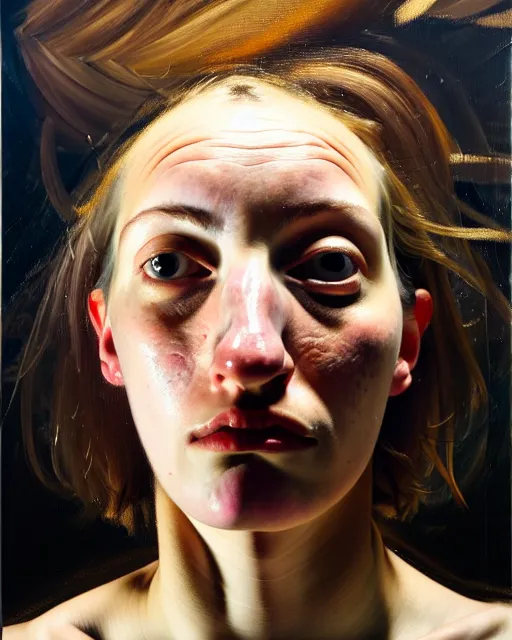 Image similar to a close up portrait a very ordinary young woman with a distracted expression, low angle, facing front, looking up, by Lucian Freud and Jenny Saville, oil painting, anatomically correct, beautiful perfect face, visible brushstrokes, sharp focus, Highly Detailed, Cinematic Lighting, 8k, HD