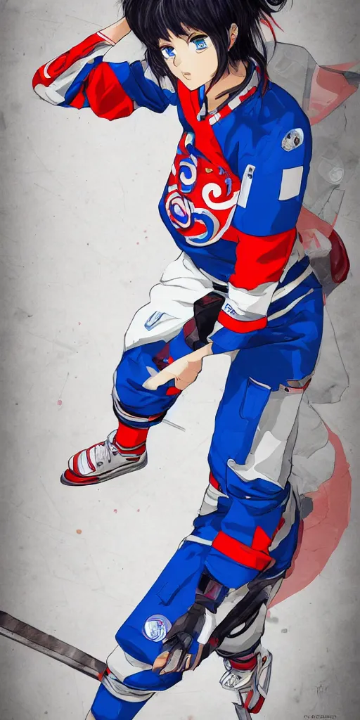 Image similar to female akira anime cyberpunk super star ice hockey player, wearing a light futuristic habs jersey, blue white and red color blocking, character concept exploration, outfit designs, trending on artstation, photorealistic, 8k