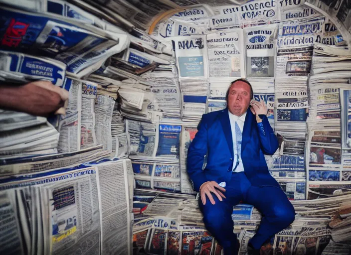 Image similar to dslr photo still of alex jones in a blue suit sitting depressed in a room filled to the ceiling with newspapers, 5 2 mm f 5. 6