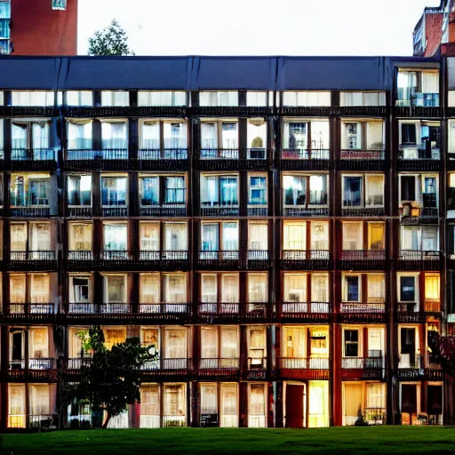 Prompt: Bums laying in front of Modern Apartment building with Beautiful Elaborate Architecture by Louis Comfort Tiffany, Victo Ngai, Clint Clearley, Daarken. Beautiful gardens. Nighttime. Apartment lights are on. DLSR. Streetlights. 4K HD