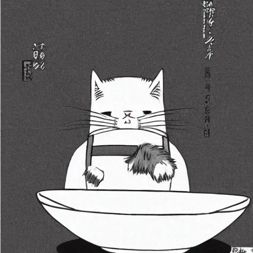 Prompt: manga cat by Hayao Miyazaki eats from a bowl of rice, black and white manga