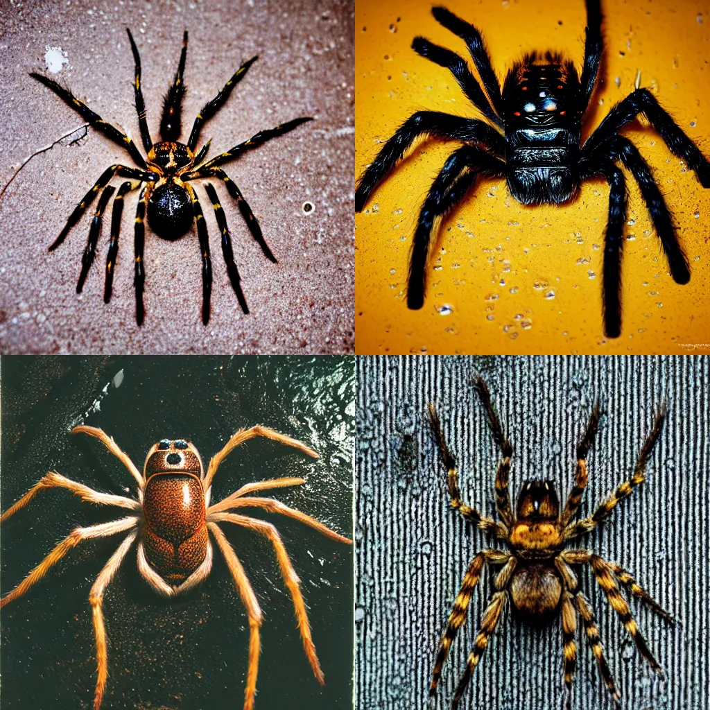 Prompt: kodak portra, giant spider, wet, dripping